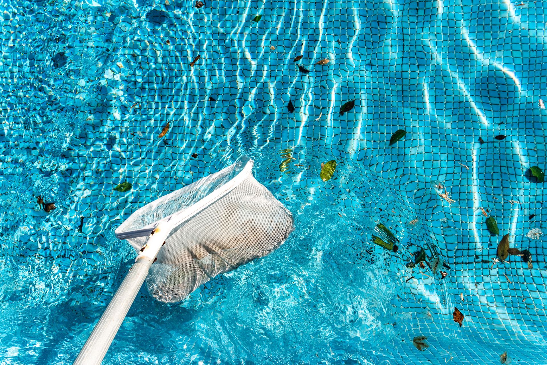A person is cleaning a swimming pool with a broom.