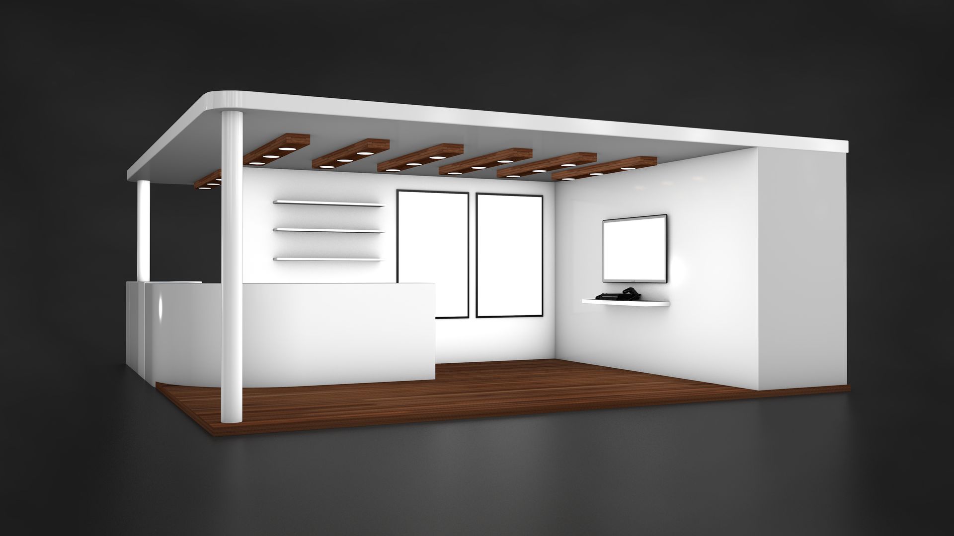 Retail display booth rental with shelves and counter setup.