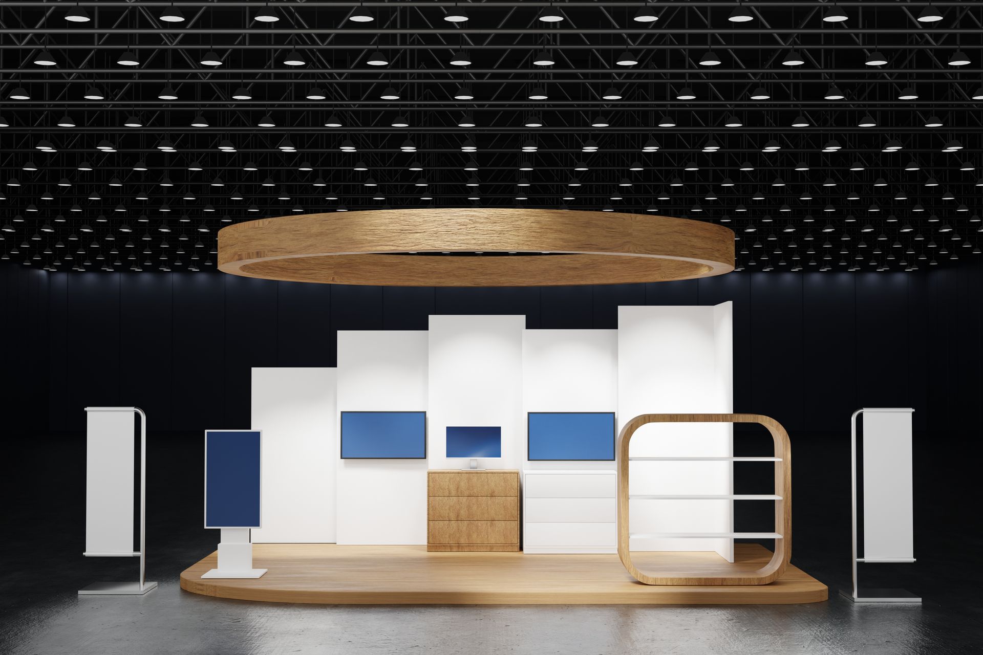 Trade show display rental with shelving, screens, and wood accents.