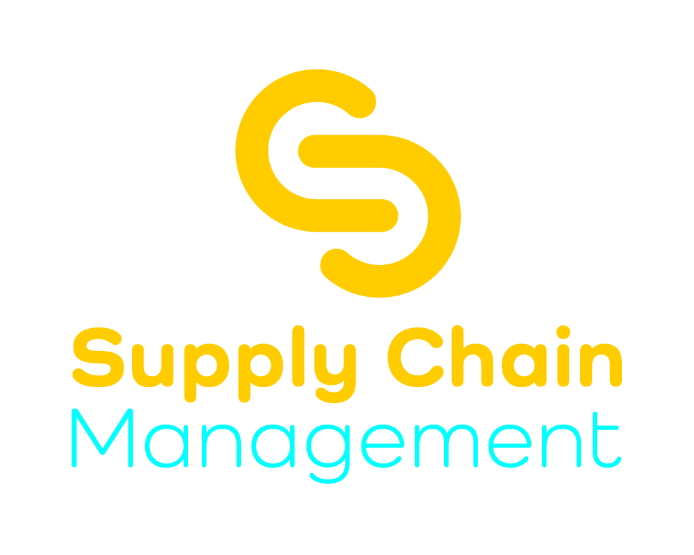 The logo for supply chain management is yellow and blue.