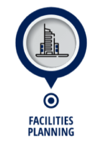 An icon for facilities planning with a building in the center