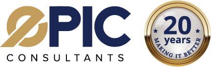 A logo for pic consultants with a 20 years making it better badge
