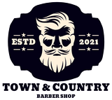 A logo for a barber shop with a man with a beard and mustache.