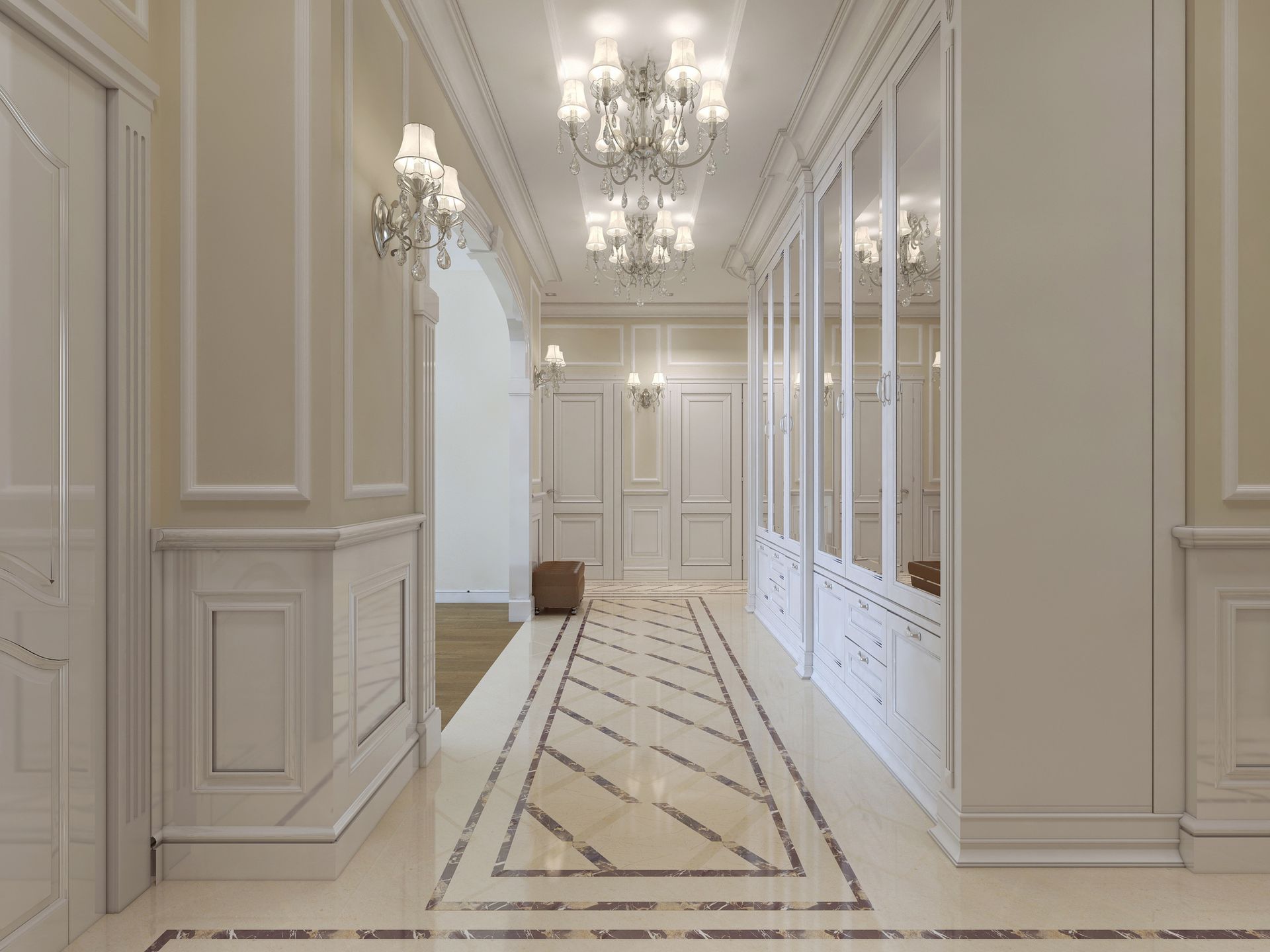 A long hallway with a marble floor and a chandelier hanging from the ceiling.