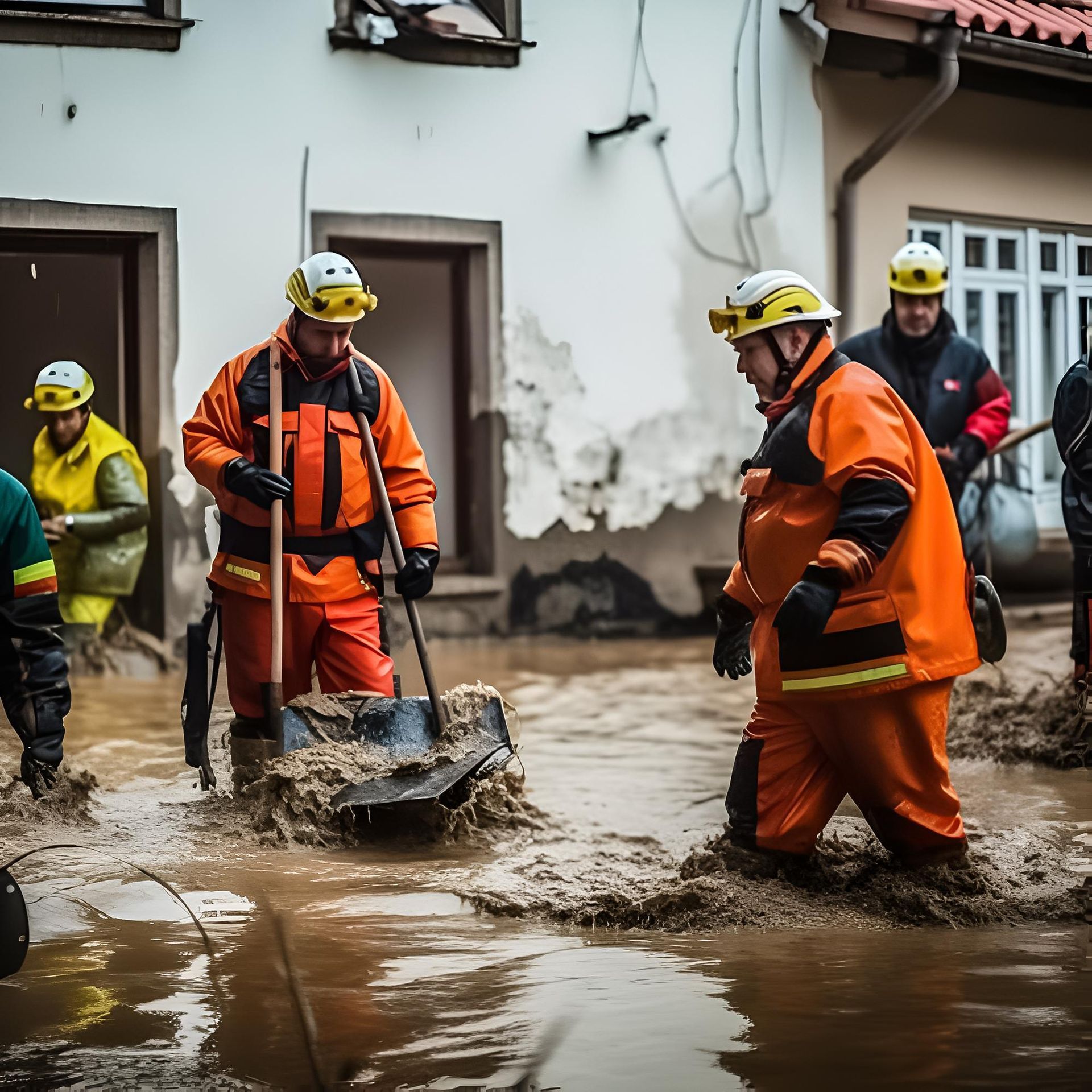 a group of firefighters are standing in a flooded area