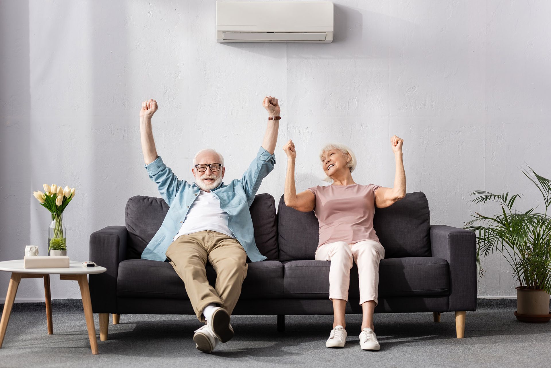 An older couple sitting on a sofa, arms raised in the air under an AC unit.