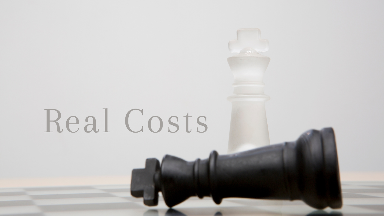Two chess kings, the black defeated with the words 'real costs', about business decision making