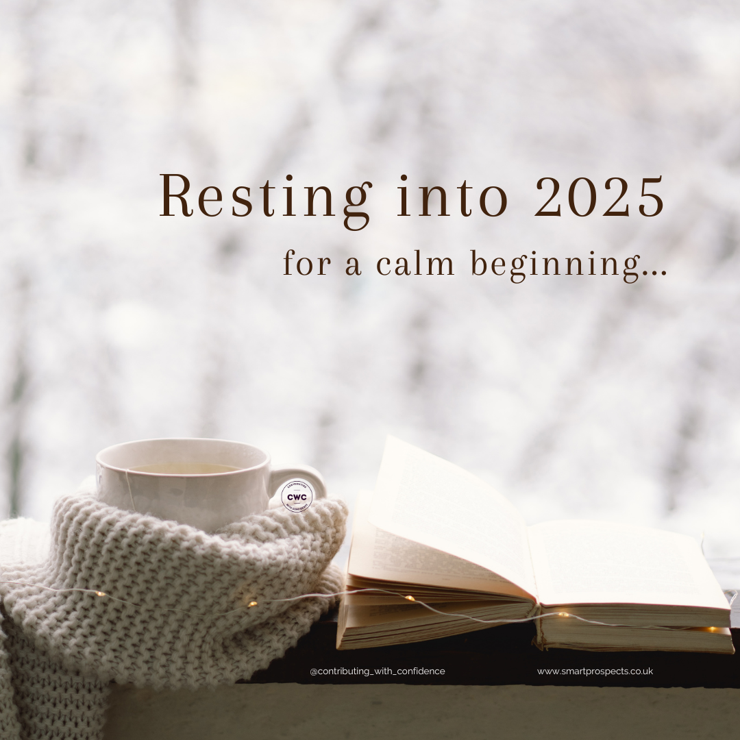Journal, coffee cup and scarf on a windowsill with snow outside illustrating power of midwinter rest