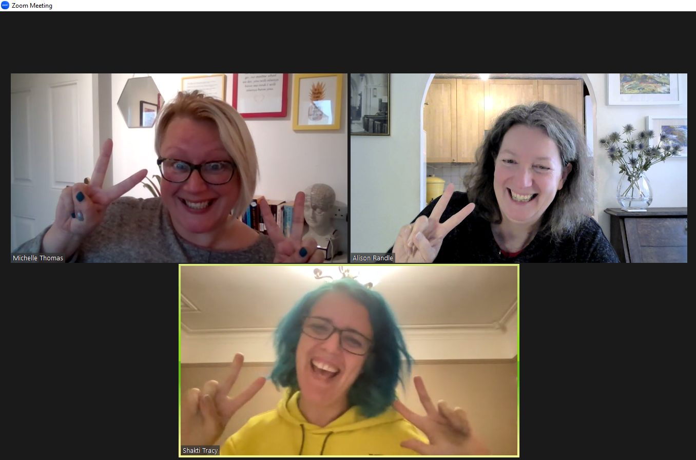 Three happy women on a Zoom call, at the end of a 3 hour DO to BE co working session