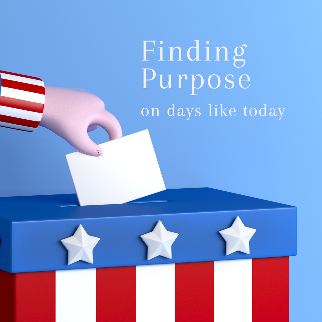 Uncle Sam voting in a box with stars and stripes with the words finding purpose on days like today
