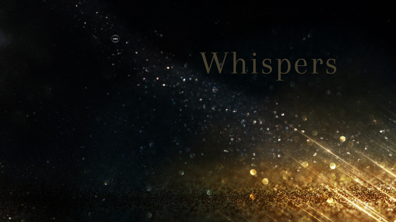 Soft golden glitter catching the light against a dark background, with the word whispers