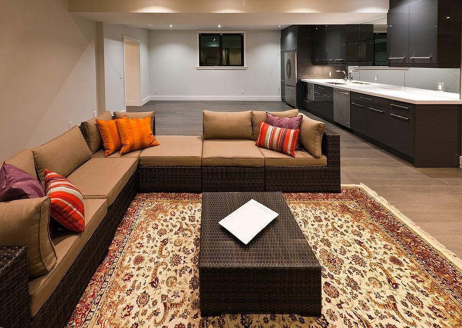 A living room with a couch and a coffee table