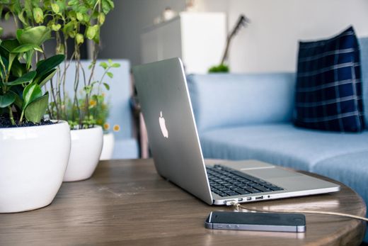 Picture of potted house plants on a coffee table with a macbook laptop iphone. 