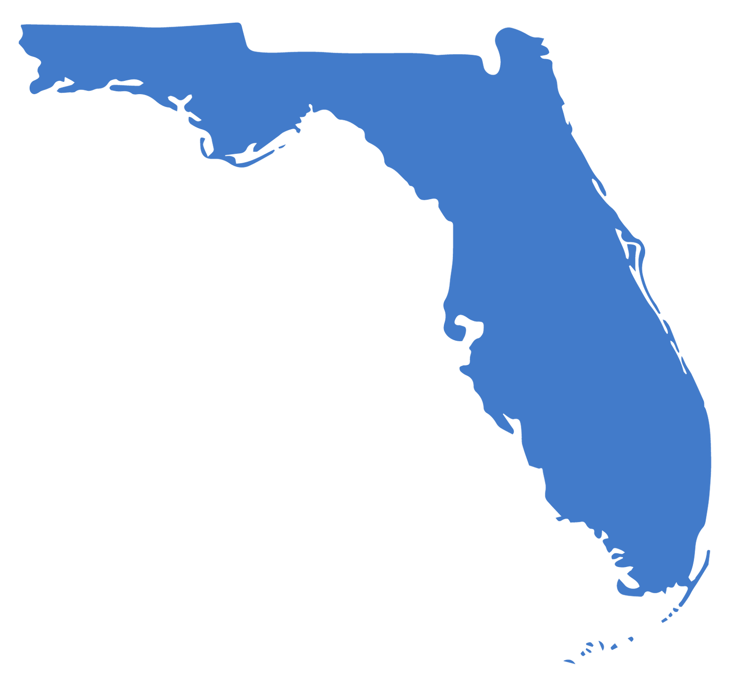 A blue silhouette of the state of florida on a white background.