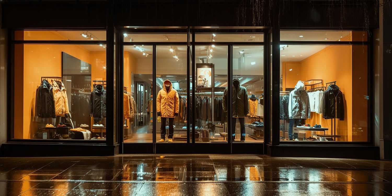 A man is standing in front of a clothing store at night.
