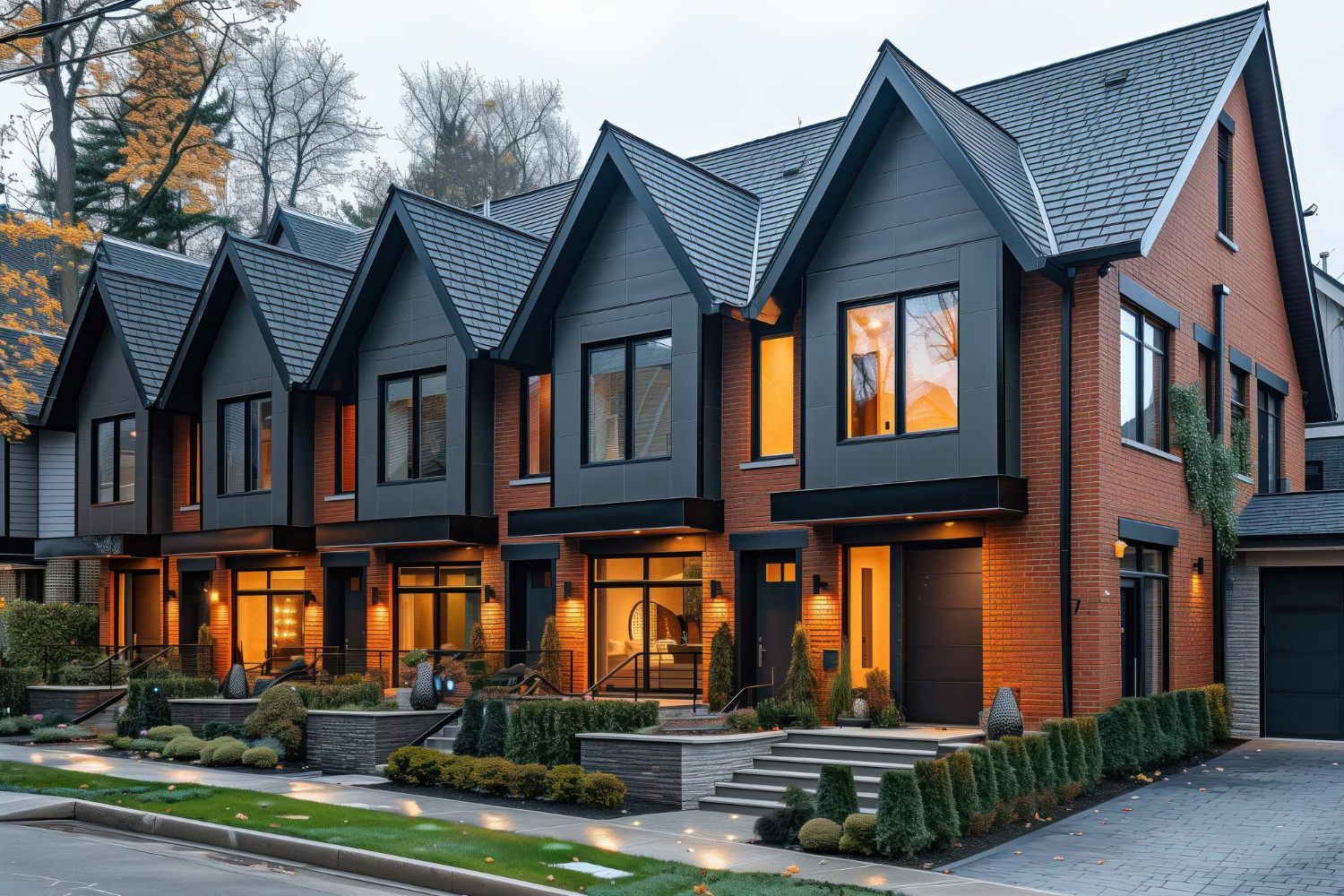 A row of houses are lined up next to each other in a residential area.