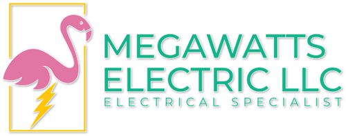 A logo for megawatts electric llc with a flamingo and lightning bolt.