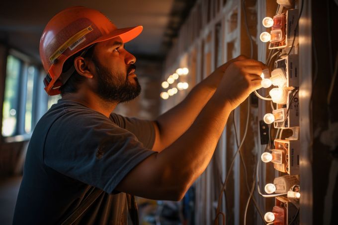 A man in a hard hat is working on a wall with lights.