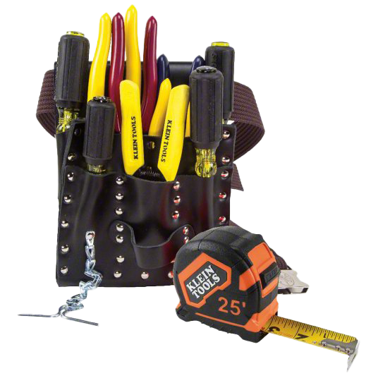 A klein tools tape measure sits next to a tool belt