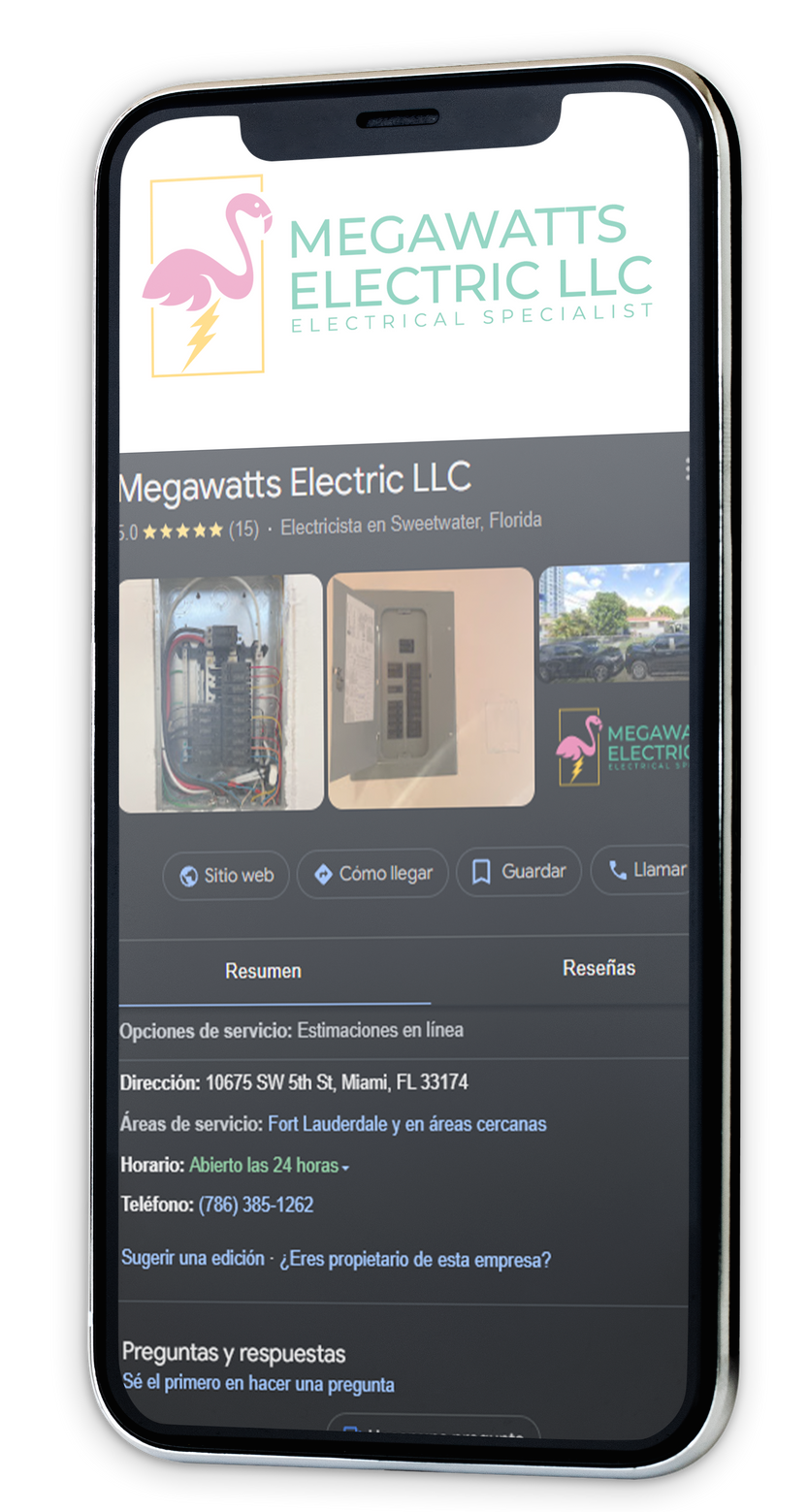 A cell phone displaying a website for megawatts electric llc.