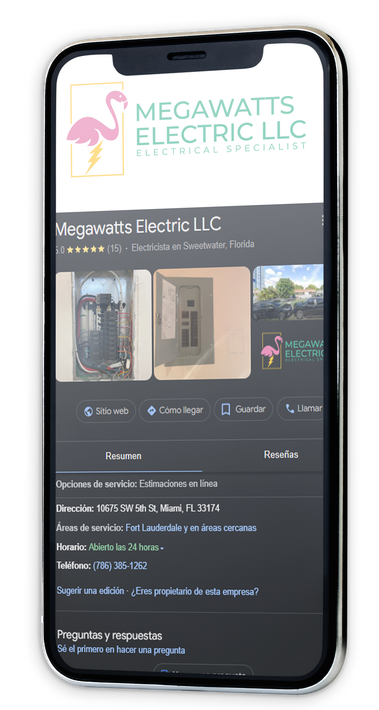 A cell phone displaying a website for megawatts electric llc.