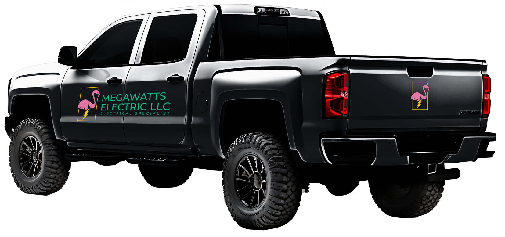 A black truck with a flamingo on the back is on a white background.