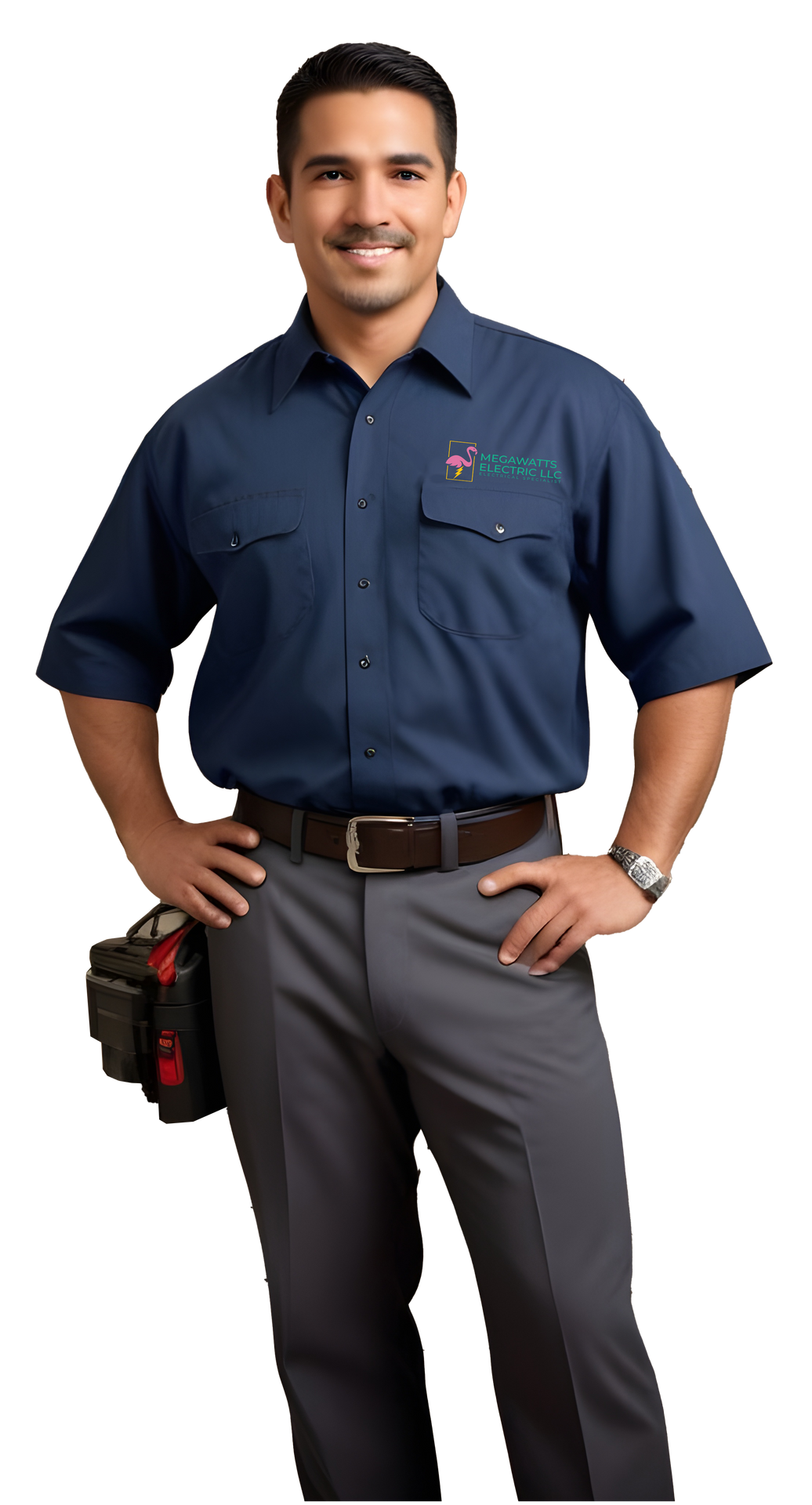 A man in a blue shirt and grey pants is standing with his hands.