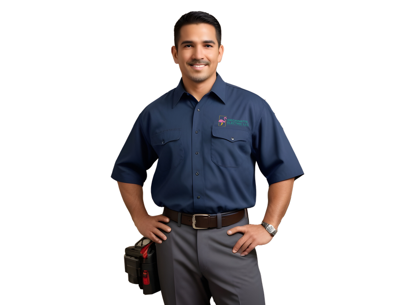 A man in a blue shirt and gray pants is standing with his hands on his hips.
