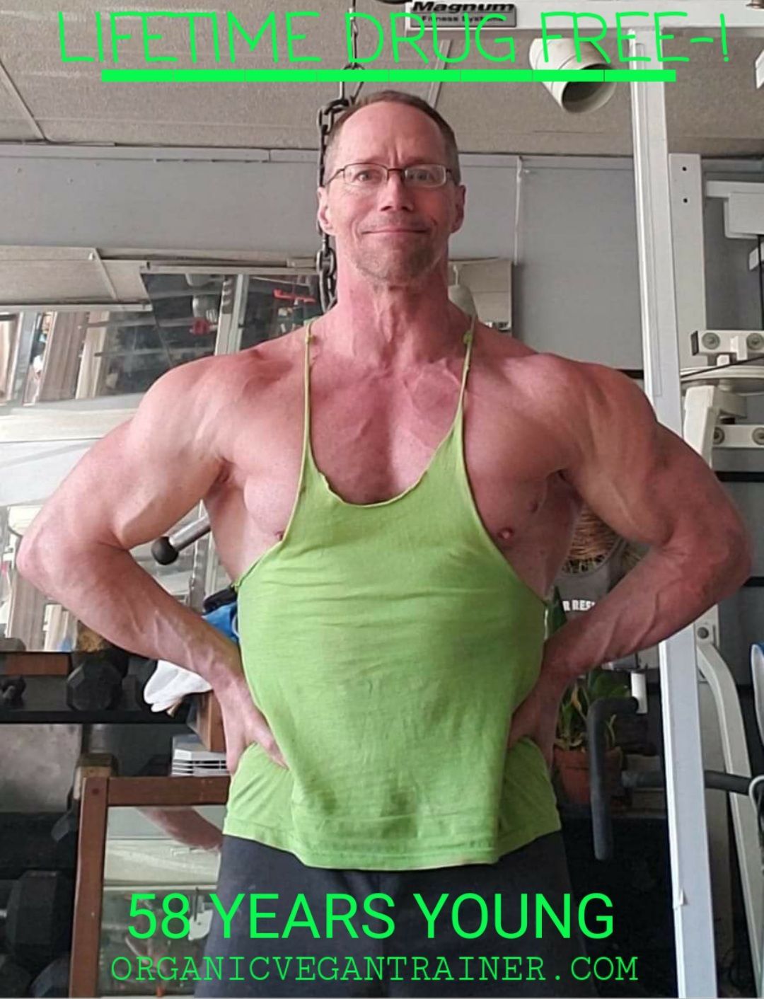 A man wearing a green tank top is 58 years young