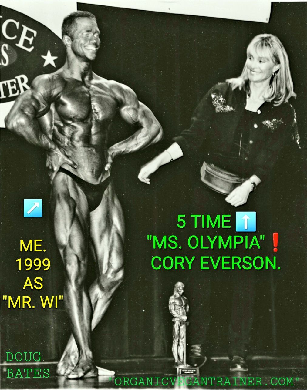 A black and white photo of a bodybuilder standing next to a woman named cory everson