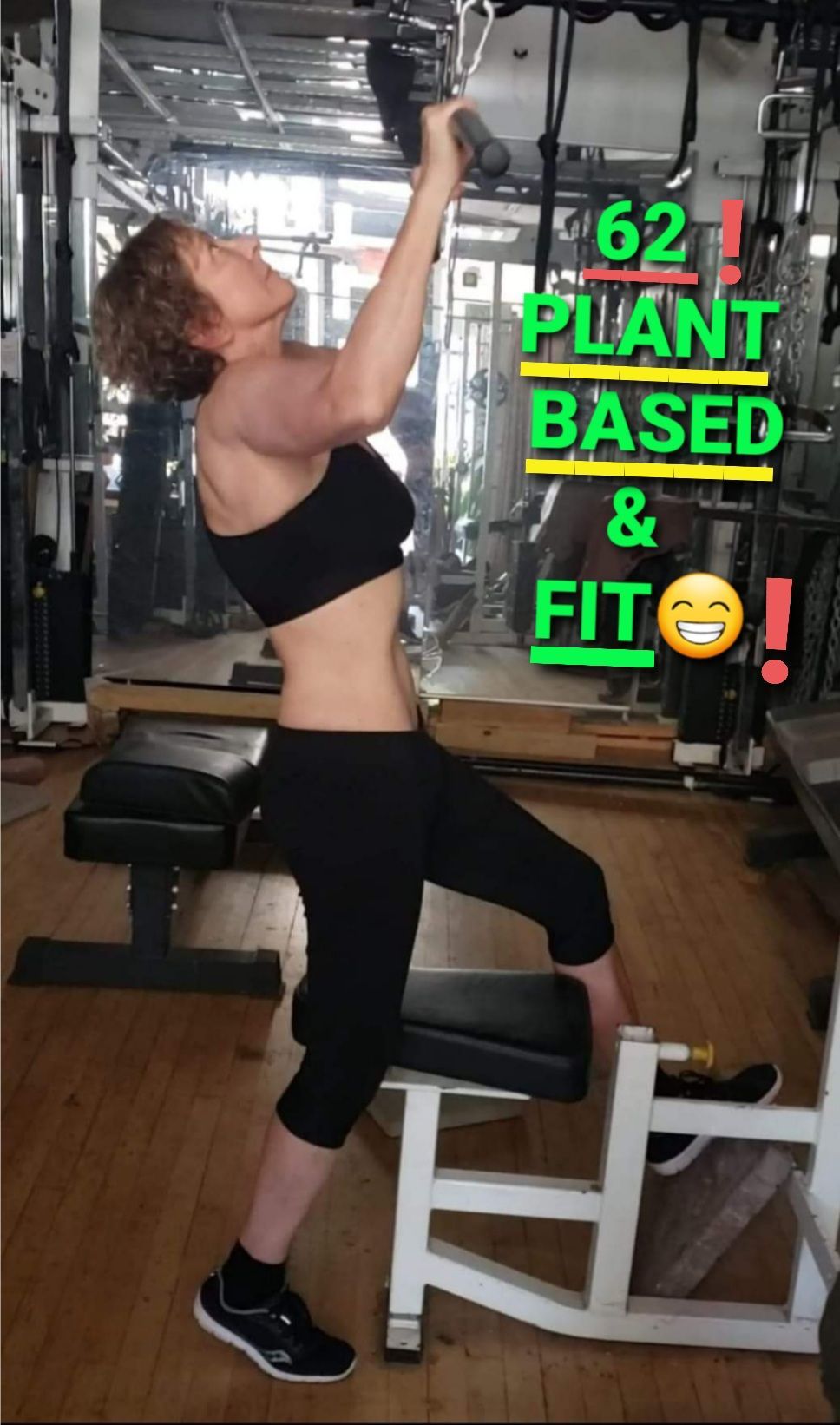 A woman is doing exercises in a gym with the words 62 plant based and fit