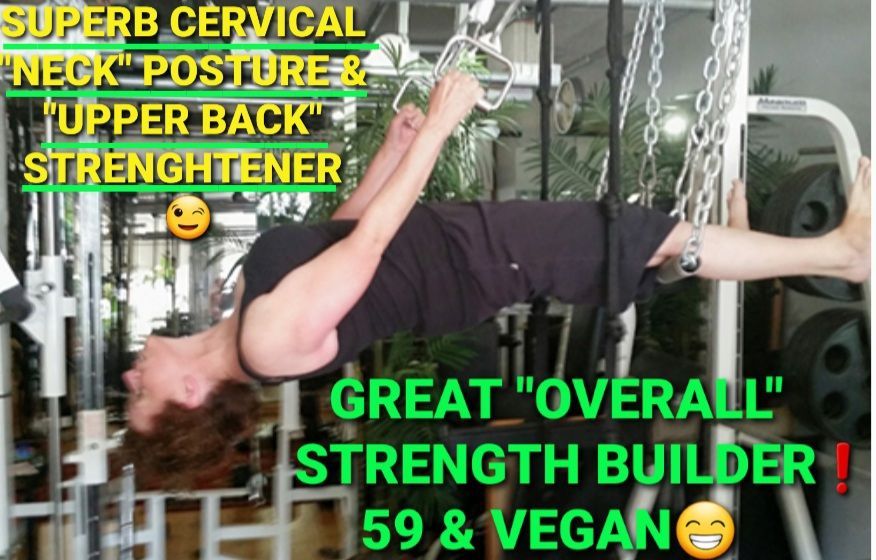A woman is doing exercises in a gym with the words superb cervical neck posture & upper back strengthener