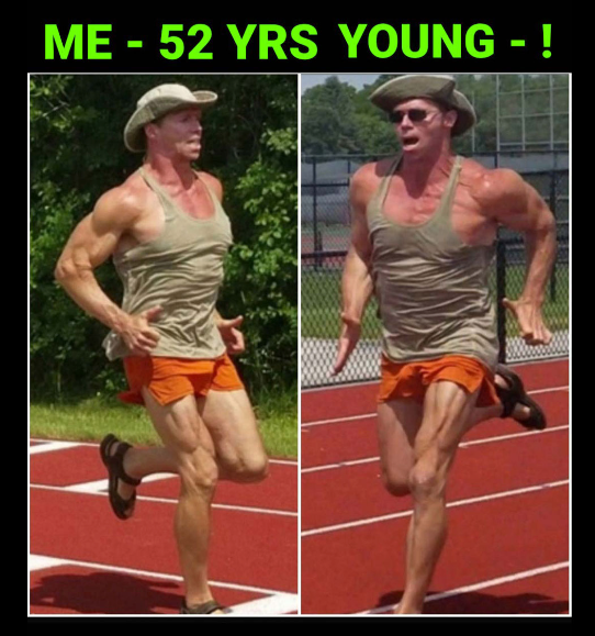 A picture of a man running on a track with the caption me 52 yrs young