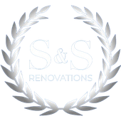 A black and white logo for S & S Renovations with a laurel wreath.