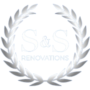 A black and white logo for S & S Renovations with a laurel wreath.