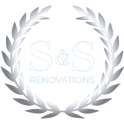 A black and white logo for S & S Renovations with a laurel wreath.