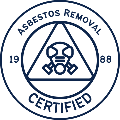 A certified asbestos removal logo with a gas mask in a triangle.
