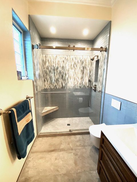 A bathroom with a walk in shower and a toilet