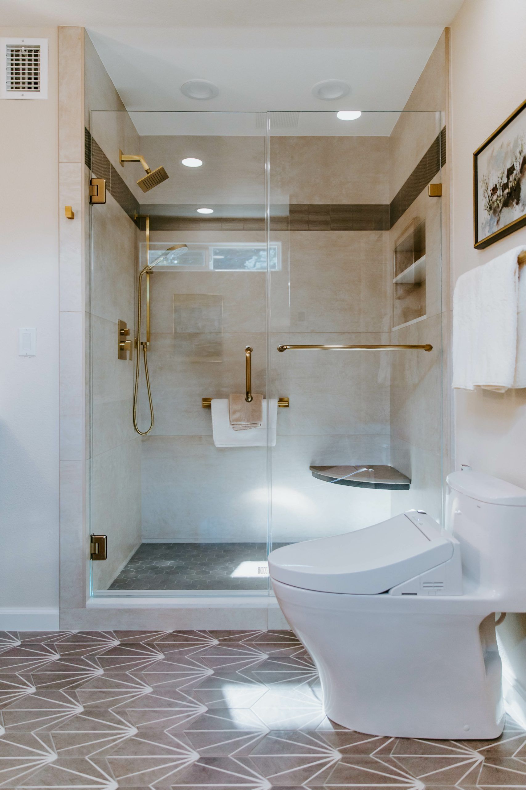 A bathroom with a toilet and a walk in shower.