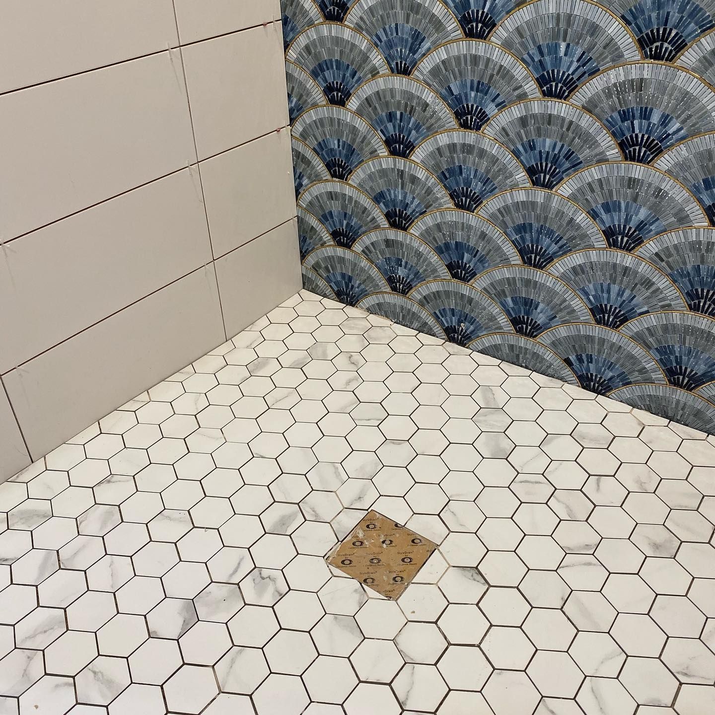 A shower stall with a hexagonal tile floor and a fan pattern on the wall.