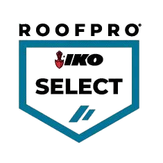 Logo for Roofpro IKO SELECT, teal shield shape with text.