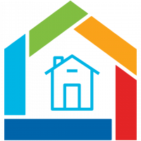 A colorful house icon with a blue house in the middle.