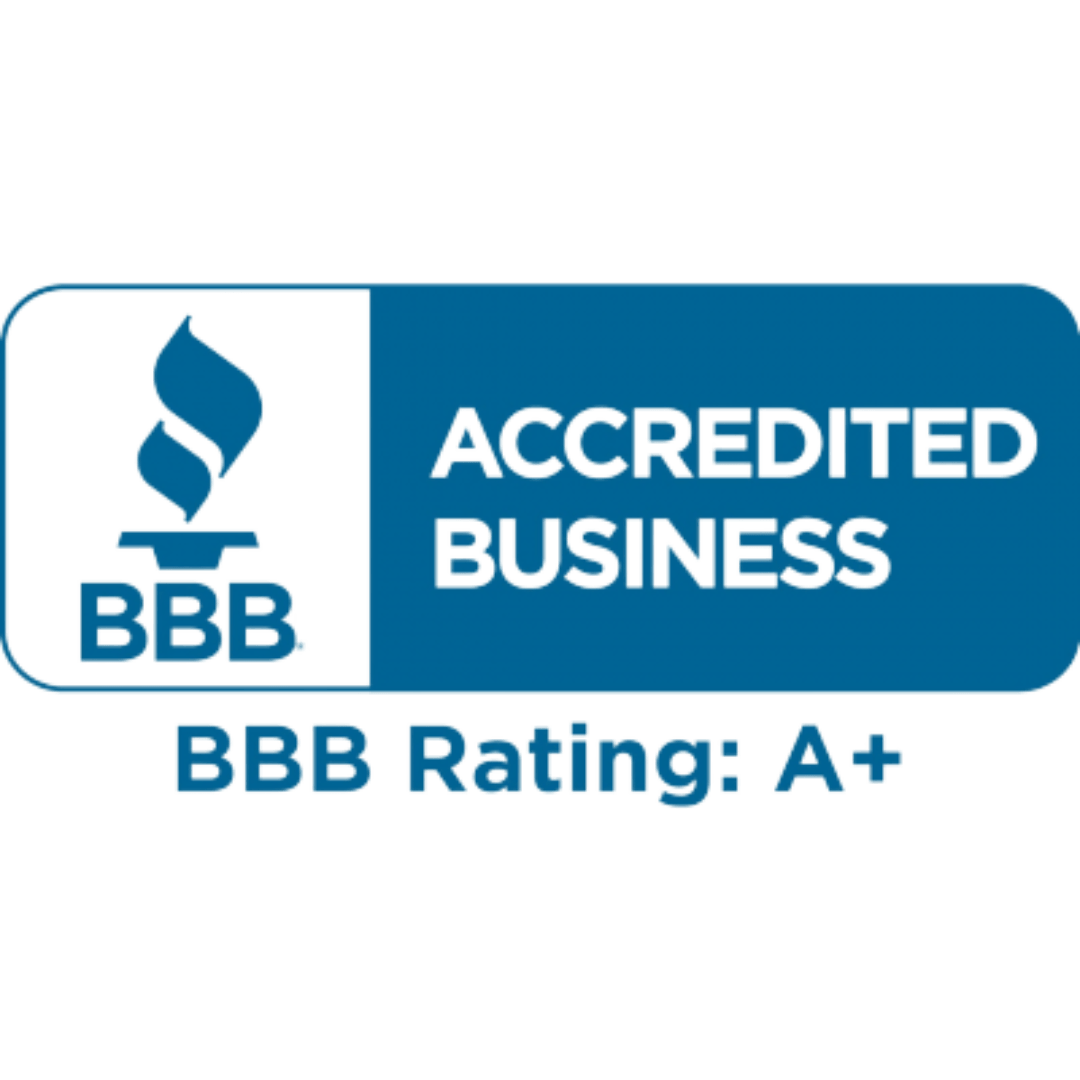 A blue and white sign that says accredited business bbb rating a+