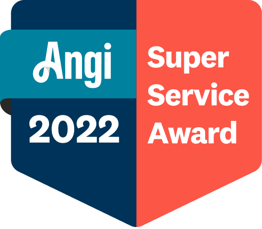 A blue and red badge that says angi super service award 2022
