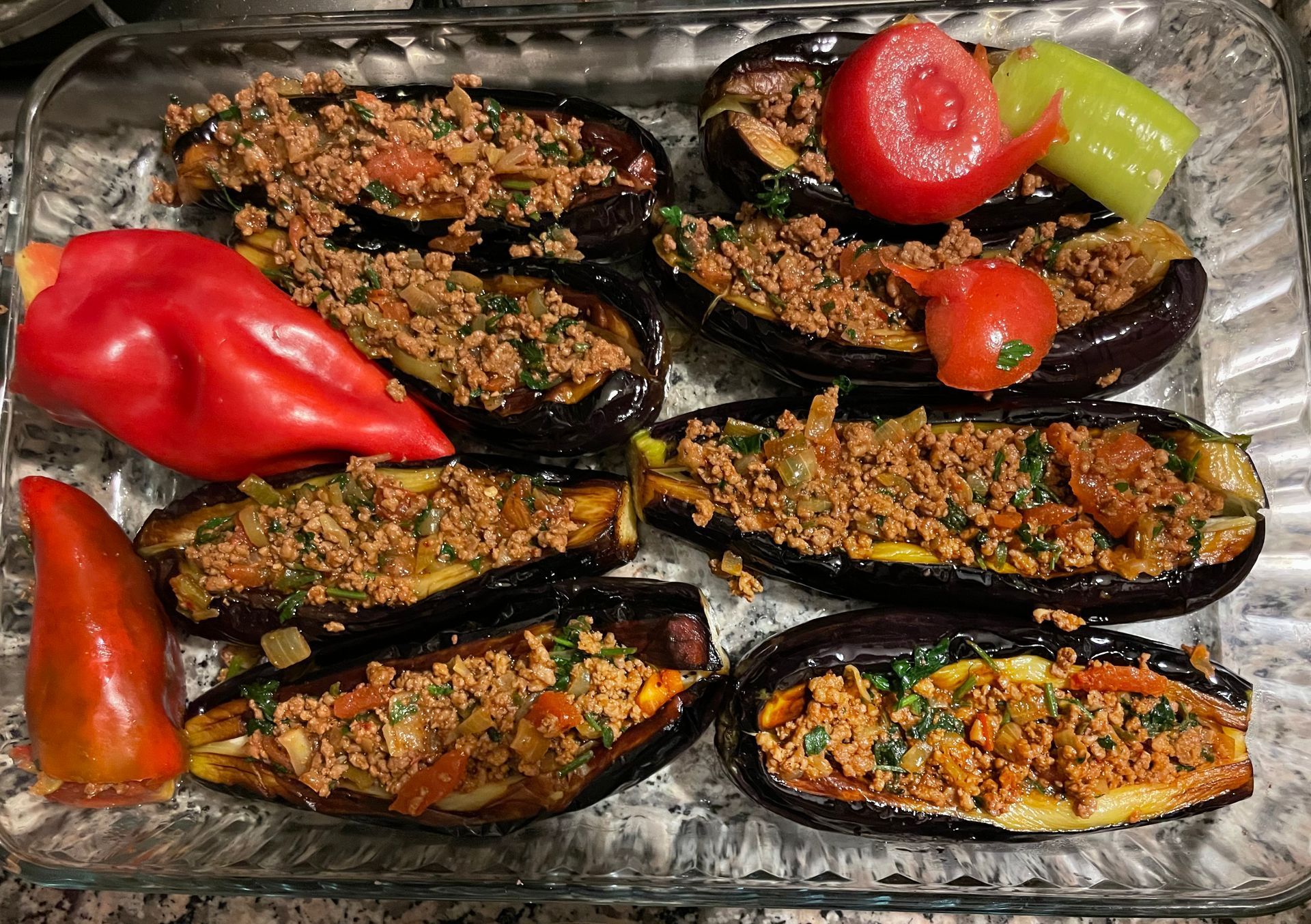 Karniyarik Before Baking. How to cook Karniyarik Turkish Dish. How to cook stuffed Turkish Eggplants dish. Turkish Eggplants with stuffed ground beef. 