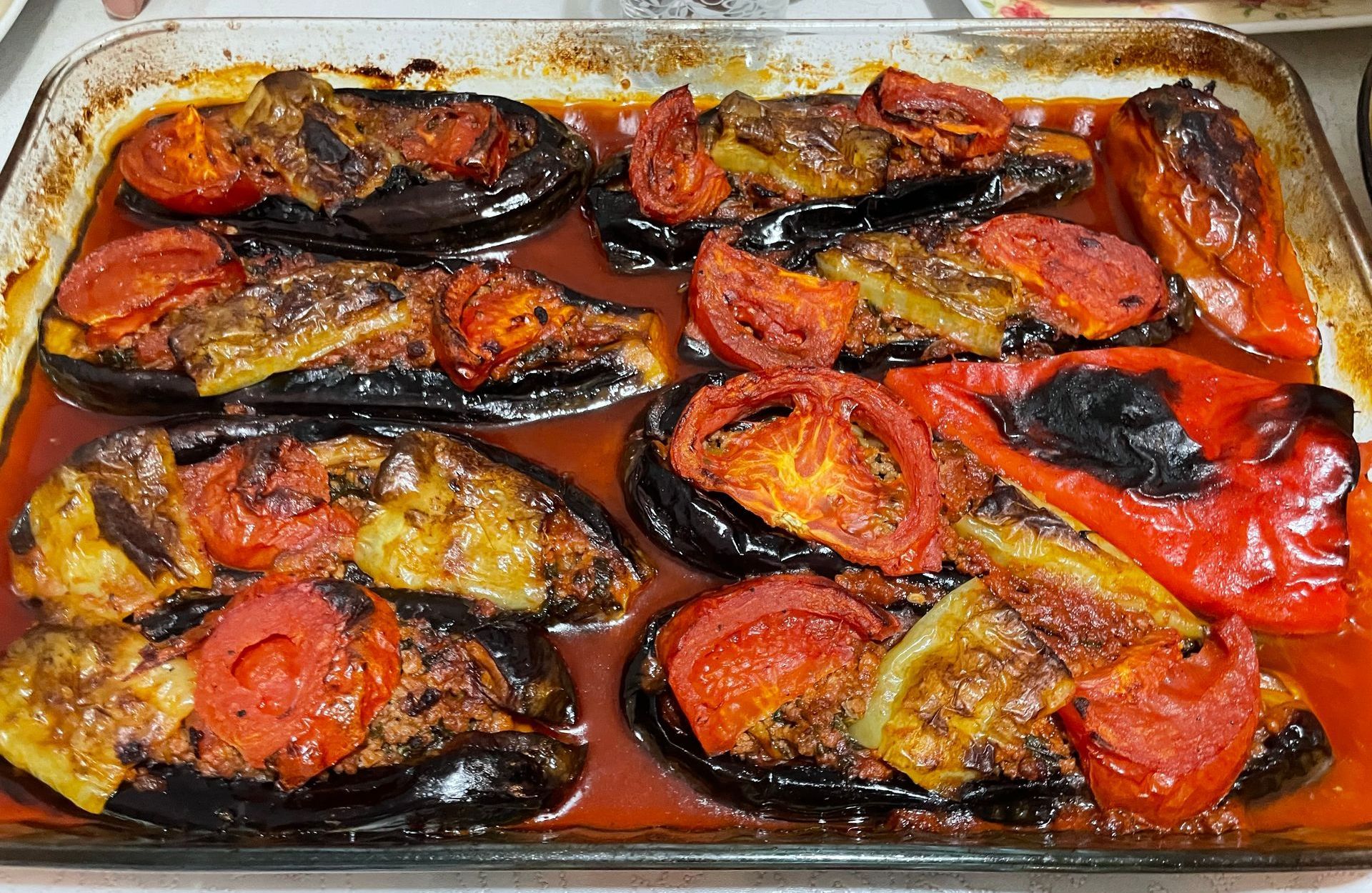 Traditional Turkish Eggplants Dishes - Turkish Karniyarik filled with Ground Beef. 