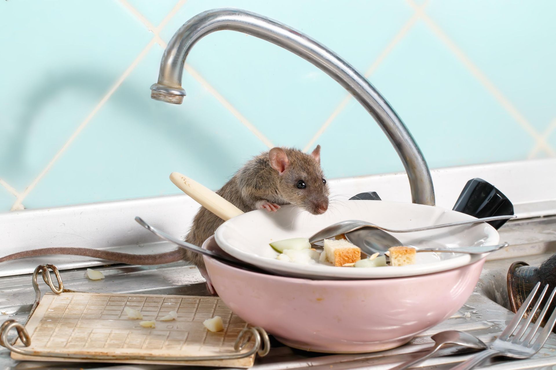 A brown rat stands in a kitchen sink filled with dirty dishes, foraging for food among plates and utensils.