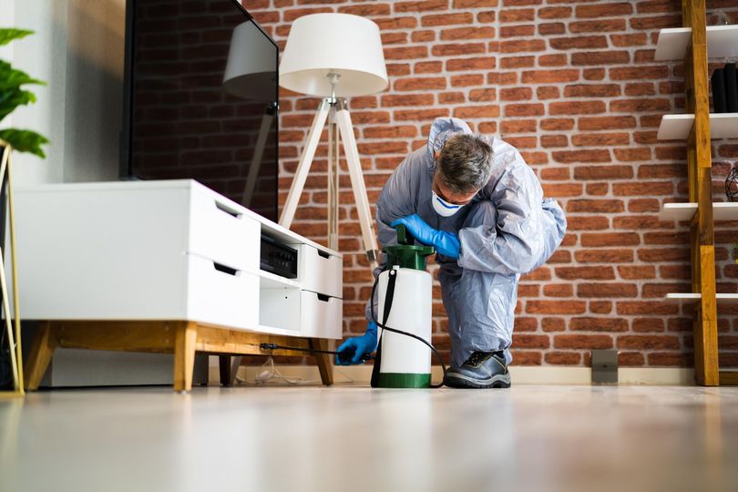 A person in a protective suit and mask uses a pressurized sprayer to treat the baseboards of a room with a brick wall.