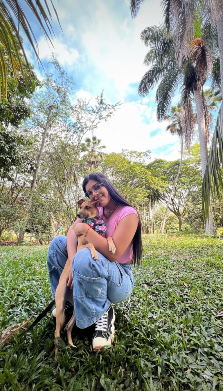 Una mujer con blusa rosa y jeans azules sostiene a un perro pequeño en un parque, sonriendo.