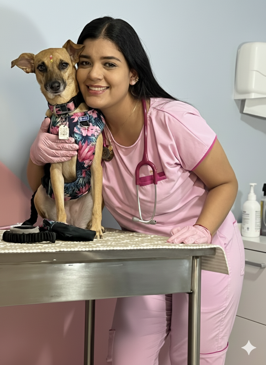 Una veterinaria con bata rosa abraza a un perro con arnés floral en la mesa de exploración.